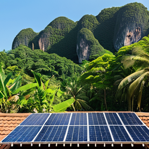 **Prompt:** Solar panels on a traditional Thai house roof, clear blue sky, lush tropical greenery in the background, representing clean energy and sustainability in Thailand, warm sunlight.