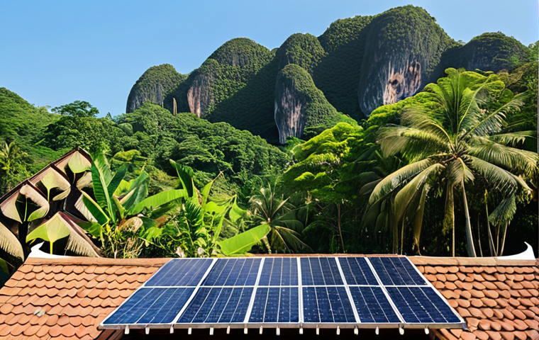 **Prompt:** Solar panels on a traditional Thai house roof, clear blue sky, lush tropical greenery in the background, representing clean energy and sustainability in Thailand, warm sunlight.