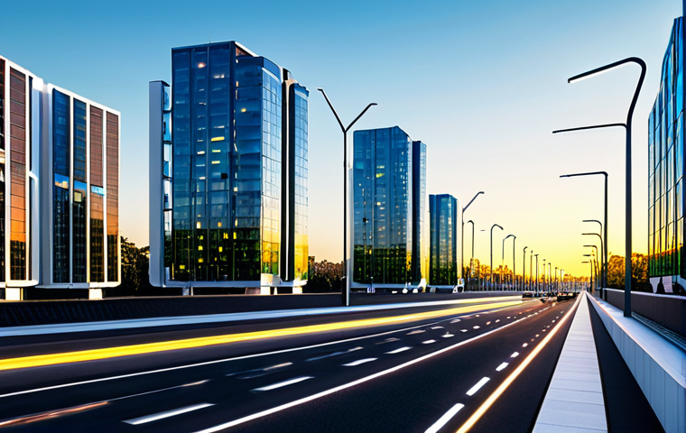 페로브스카이트 태양전지 - **Prompt:** A vibrant, futuristic cityscape under a bright, clear sky. Modern skyscrapers feature en...