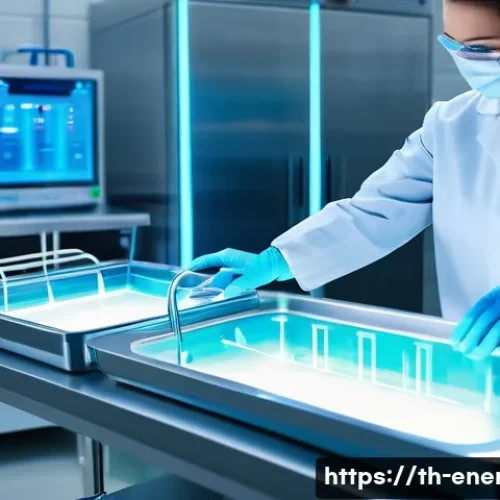 플라즈마 에너지 응용 - A modern medical laboratory scene showcasing cold plasma sterilization technology in action: sleek s...