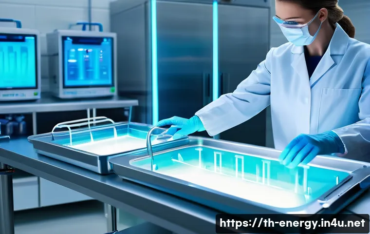 플라즈마 에너지 응용 - A modern medical laboratory scene showcasing cold plasma sterilization technology in action: sleek s...