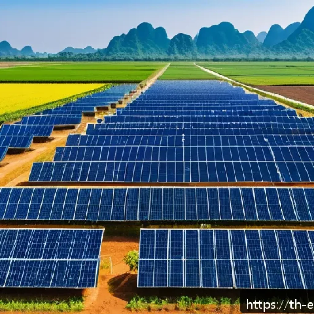 신재생에너지 정책 분석 - A vibrant solar farm in northeastern Thailand under a clear blue sky, featuring rows of modern, high...