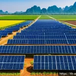 신재생에너지 정책 분석 - A vibrant solar farm in northeastern Thailand under a clear blue sky, featuring rows of modern, high...
