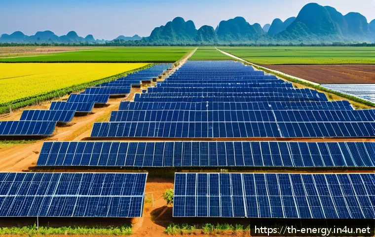 신재생에너지 정책 분석 - A vibrant solar farm in northeastern Thailand under a clear blue sky, featuring rows of modern, high...