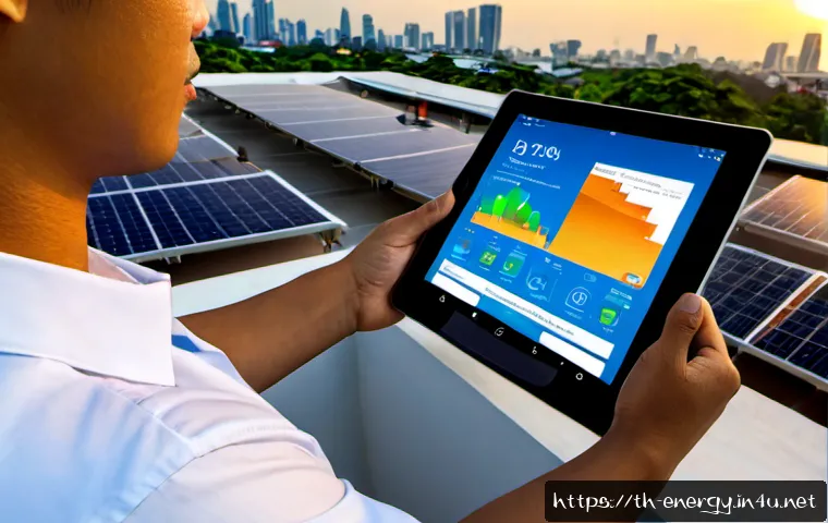 Home 17 에너지 블록체인 응용 - Photorealistic solar energy blockchain application scene in Thailand, a modern Bangkok apartment roo...