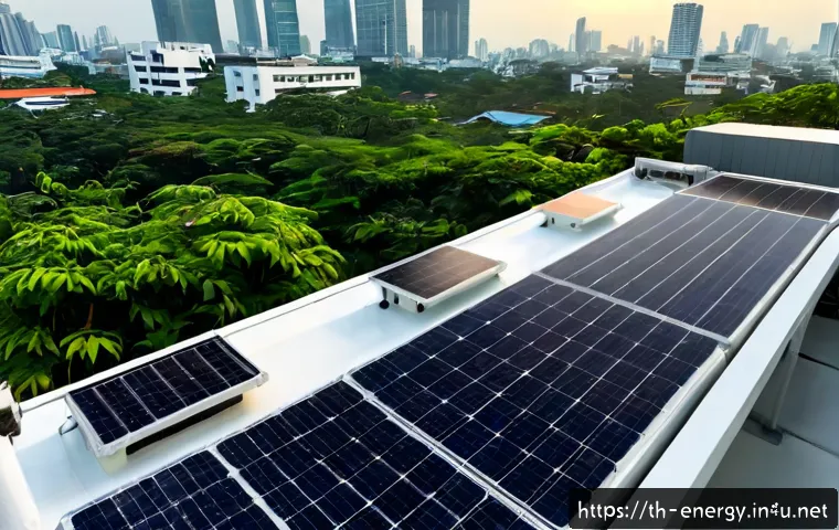 Home 17 친환경 냉각 시스템 - Photorealistic eco-friendly cooling system on the rooftop of a modern Bangkok office building, solar...