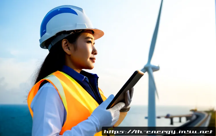 Home 17 풍력 터빈 블레이드 설계 - Photorealistic close-up of an offshore wind turbine blade design inspection, Thai female renewable-e...